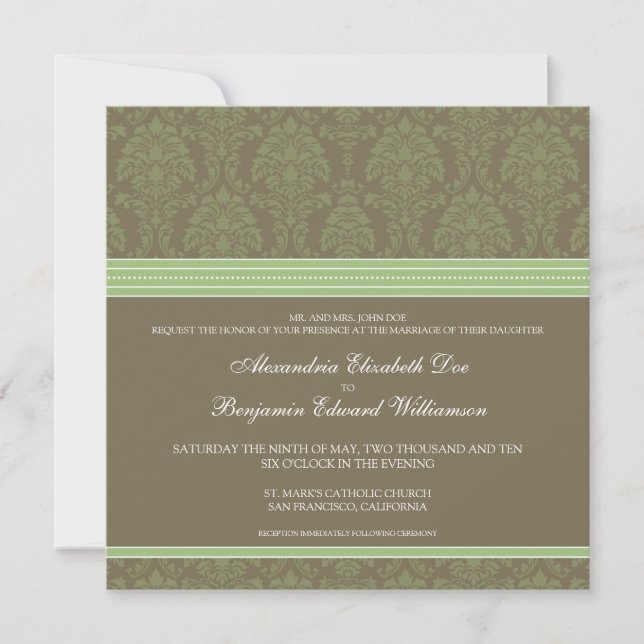 Grüne Schokolade Damask Hochzeit Einladung (Vorderseite)