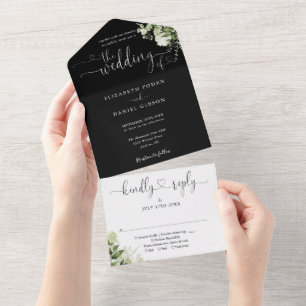 Grüne Schrift Herzen Schwarz-Weiß-Hochzeit All In One Einladung