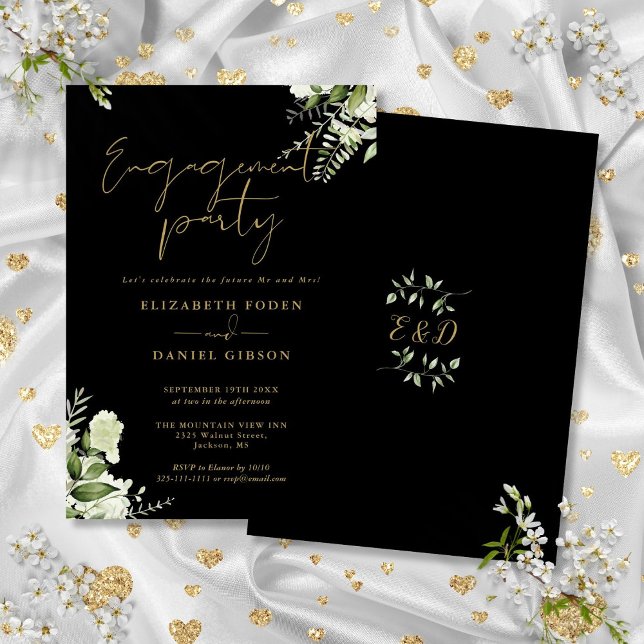 Grüne Schwarz und Gold-Engagement Partei Einladung (Greenery Floral Black And Gold Engagement Party Invitation)