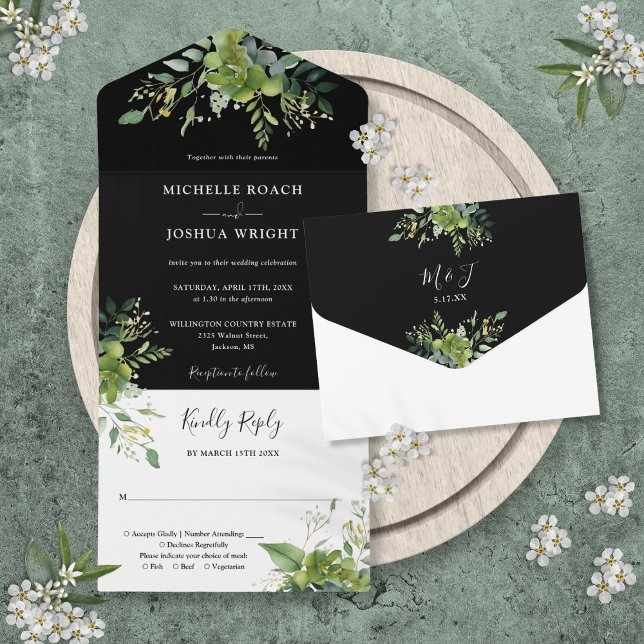 Grüne Schwarz-Weiß-Monogramm-Hochzeit All In One Einladung (Greenery Black And White Monogram Wedding All In One Invitation)