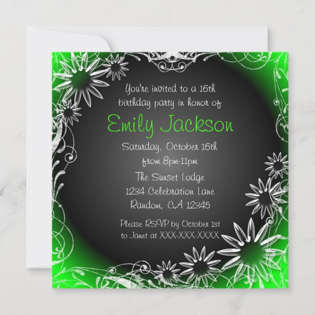 Grüne Schwarz-weiße Blüte, süß 16 Blumenladen Einladung (Vorderseite)