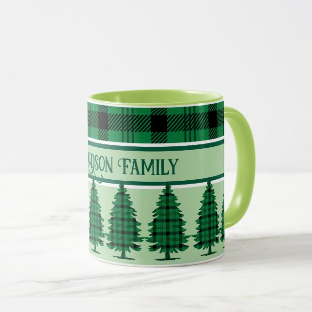 Grüne schwarze, gemütliche Tartan Pine Trees Tasse (VorderseiteRechts)