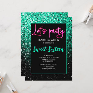 Grüne schwarze Glitzern Sweet 16 Neon lasse Party Einladung