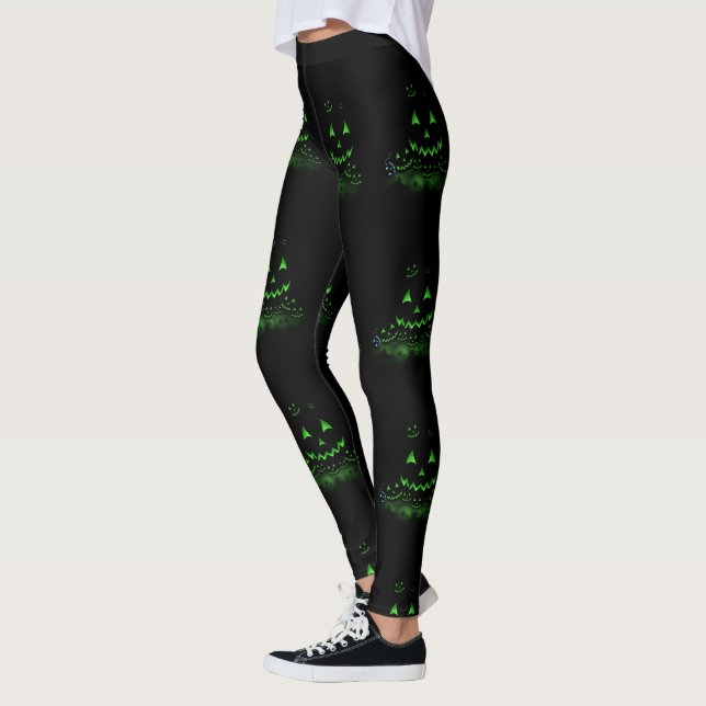 Grüne, schwarze Halloween-Kürbislaternen Leggings (Links)