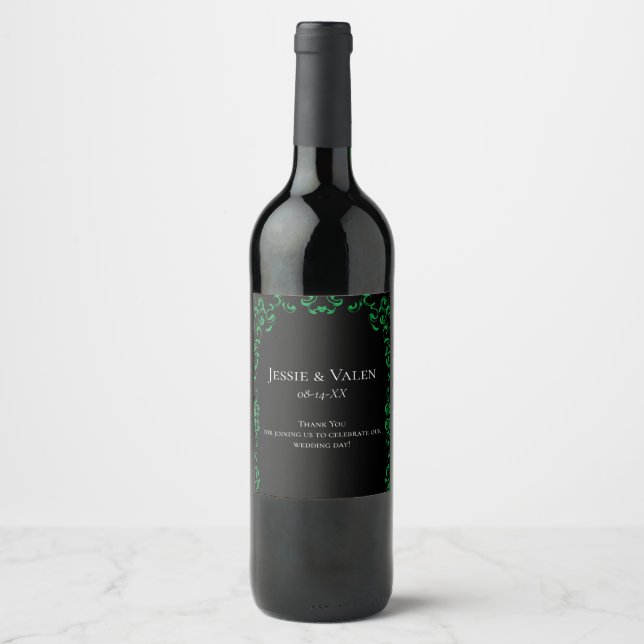 Grüne Schwarze Swirl-Hochzeit Weinetikett (Vorderseite)