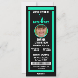 Grüne schwarze Volleyball-Ticket-Geburtstagsfoto Einladung