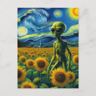 Grüne Scifi-Alien in einem Van Gogh-Sonnenblumenfe Postkarte