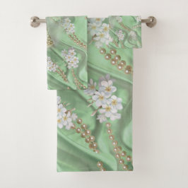 Grüne Seide und Elfenbein-Perlen Badhandtuch Set
