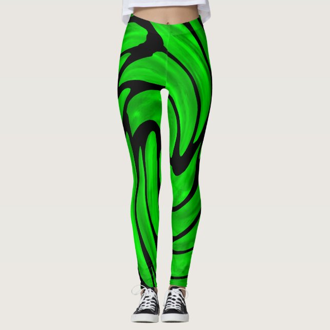 Grüne Seide und schwarzes Leder sehen Leggings (Vorderseite)