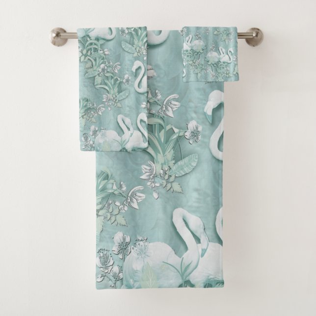 Grüne Seidendraht und Flamingos-Blume Badhandtuch Set (Insitu)