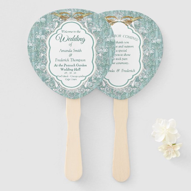 Grüne Seidendraht und Flamingos-Blume Fächer (Vorne und Hinten)