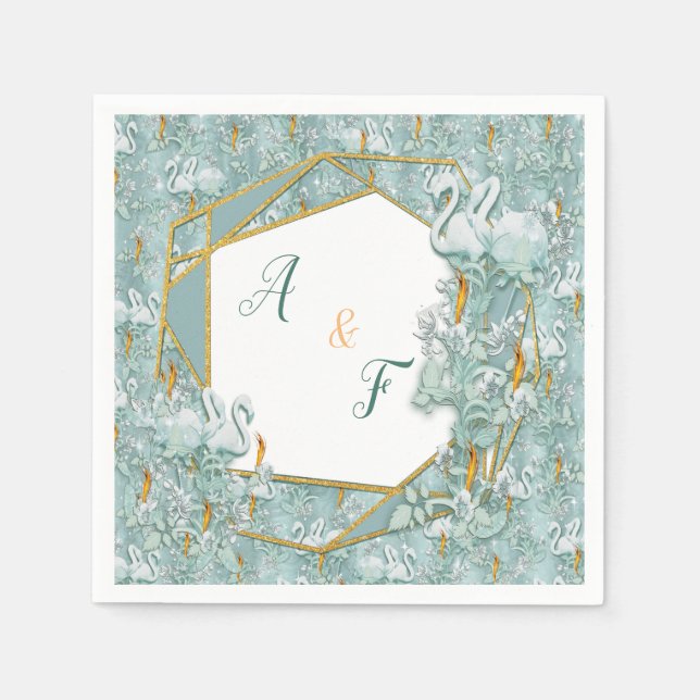 Grüne Seidendraht und Flamingos-Blume Serviette (Vorderseite)