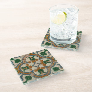 Grüne Senfspanische Blumenmuster-Geometrie-Azulejo Glasuntersetzer