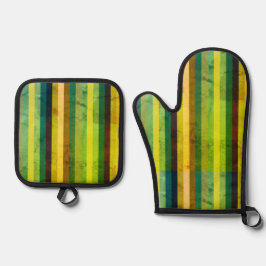 Grüne senkrechte Streifen Ofenhandschuh & Topflappen-Set
