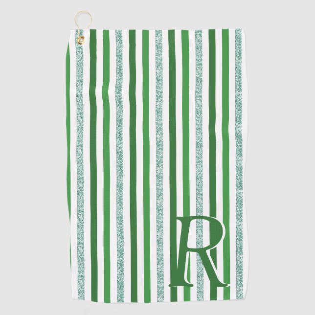 Grüne Silber Glitzer Streifen Mit Monogramm, kunde Golfhandtuch (Vorderseite)