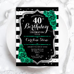 Grüne Silber Schwarz & Weiß Streifen 40. Geburtsta Einladung<br><div class="desc">40. Geburtstagsfeier Party Einladung. Elegantes florales smaragdgrünes Design mit Imitaten Glitzer Silber und Rose. Enthält schwarz-weiße Streifen und Skript-Schriftart. Ideal für eine stilvolle Damenfeier. Kann für jedes Alter angepasst werden! Gedruckte Zazzle Einladungen oder Sofortdownload digitalen druckbaren Vorlage.</div>