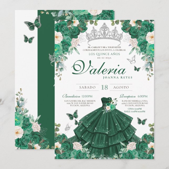 Grüne Silberne Rose Elegante Prinzessin Quinceaner Einladung (Vorne/Hinten)