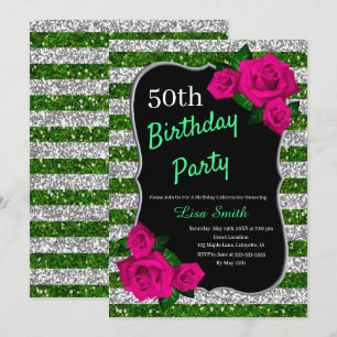 Grüne Silberstreifen Glitzer Rosa Rosen Einladung