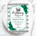Grüne Silberstreifen Weiße Streifen Floral 50. Geb Einladung<br><div class="desc">50. Geburtstagsfeier Einladung. Elegantes florales smaragdgrünes Design mit Rose. Enthält Imitate Glitzer silber und weiß Streifen und Skript-Schriftart. Ideal für eine stilvolle Damenfeier. Kann für jedes Alter angepasst werden! Gedruckte Zazzle Einladungen oder Sofortdownload digitalen druckbaren Vorlage.</div>