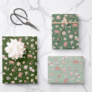 Grüne skizzierte Blumen Geschenkpapier Set