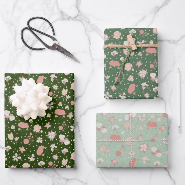 Grüne skizzierte Blumen Geschenkpapier Set (Vorderseite)