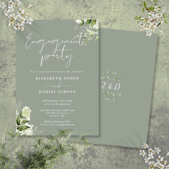 Grüne Skriptbindungspartei im Blumenformat Einladung (Floral Sage Green Script Engagement Party Invitation)