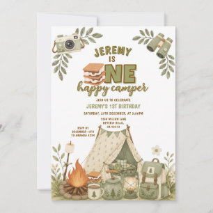 Grüne S'mores Camping-Jungen-Camper-Party-Gingham Einladung