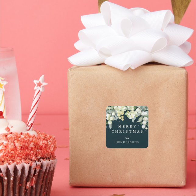 Grüne Snowberry+Eukalyptus Frohe Weihnachten/Gewoh Quadratischer Aufkleber (Party)