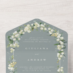 Grüne Snowberry+Eukalyptus Hochzeitsempfang nur All In One Einladung