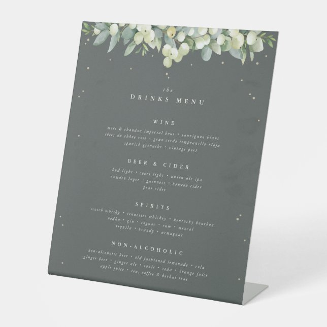 Grüne Snowberry+Eukalyptus Wedding Drinks/Bar Menu Sockelschild (Vorderseite)