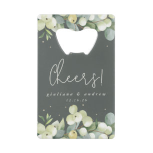 Grüne Snowberry+Eukalyptus Winter Wedding Mini Geldbeutel Flaschenöffner