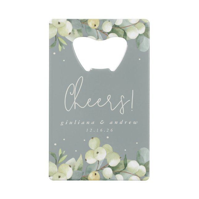 Grüne Snowberry+Eukalyptus Winter Wedding Mini Geldbeutel Flaschenöffner (Vorderseite)