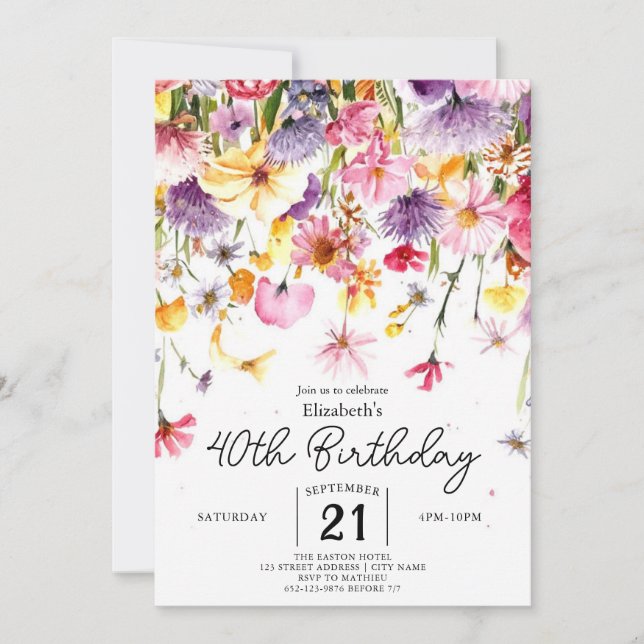 Grüne Sommer Wildblumen 40. Geburtstag Einladung (Vorderseite)