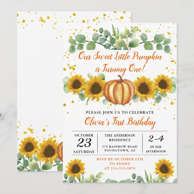 Grüne Sonnenblumen Autumn Pumpkin Fall Birthday Einladung (Vorne/Hinten)