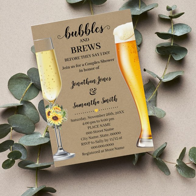 Grüne Sonnenblumen Bläschen & Brauen bevor ich tue Einladung (Country Greenery Sunflowers Bubbles & Brews before I do Couples Shower, Western Sunflowers Wedding)