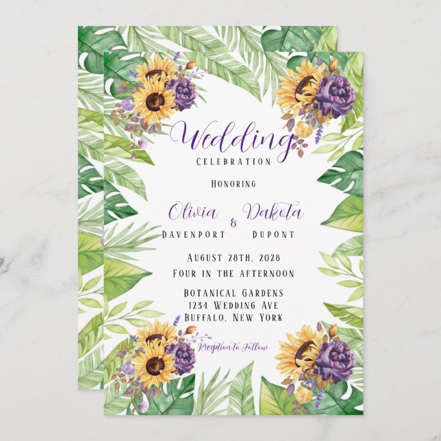 Grüne Sonnenblumen und Lila Florals Wedding Inv Einladung (Vorne/Hinten)