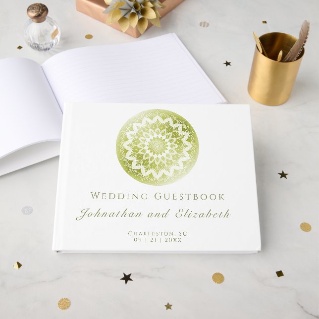 Grüne Spitzen-Mandala-Hochzeit Gästebuch (Vorderseite Offen)