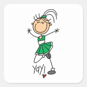 Grüne Stäbchen-Figur Cheerleader T-Shirts und Gesc Quadratischer Aufkleber