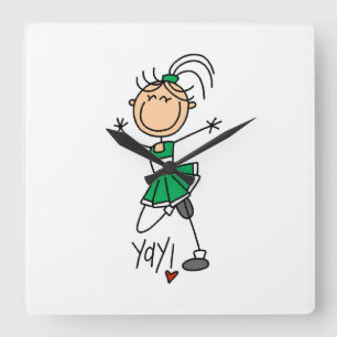 Grüne Stäbchen-Figur Cheerleaderin Quadratische Wanduhr