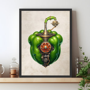 Grüne Steampunk-Glockenpaprika-Wandkunst, Küche Poster