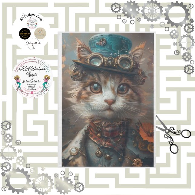 Grüne Steampunk-Katze mit grüner Hut-Decoupage  Seidenpapier (Von Creator hochgeladen)
