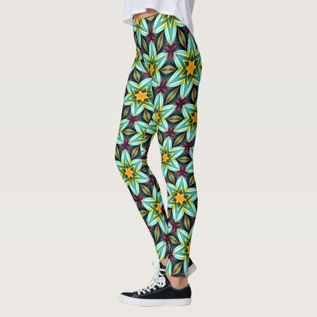 Grüne Sterne Blumenmuster Leggings (Links)