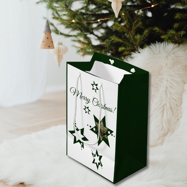 Grüne Sterne Wäscherei Service Frohe Weihnachten Mittlere Geschenktüte (Green Stars Lawn Care Service Merry Christmas Medium Gift Bag)