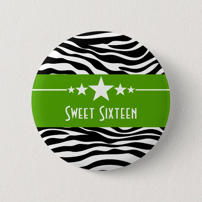 Grüne Sterne Zebra Print Sweet 16 Taste Button (Vorderseite)