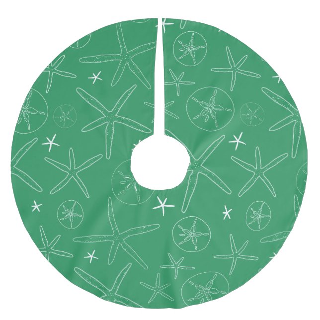 Grüne Sternfische und SandDollar-Baumrock Polyester Weihnachtsbaumdecke (Vorderseite)