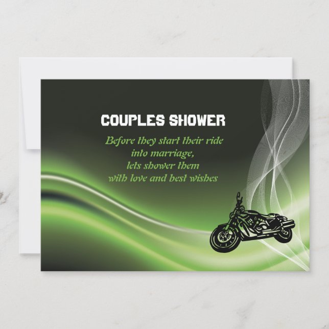 Grüne Straßenfahrer/Motorrad Hochzeitspaare Dusche Einladung (Vorderseite)