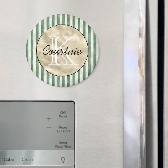 Grüne Streifen Creme Gold Monogramm Magnet (In Situ (Kühlschrank))