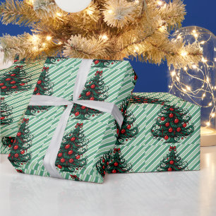 Grüne Streifen mit Candy Cane-Weihnachtsbäumen Geschenkpapier