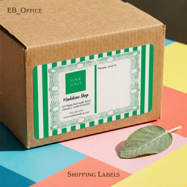 Grüne Streifen und kurvenförmige Rahmen und Logo (Chic Green & White Stripes with Logo.
Size: 3.75” L x 2” W - Eight labels per sheet
)