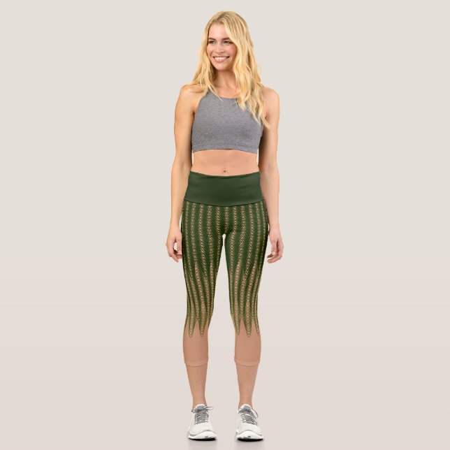 Grüne Streifen und Tan Wavy Abstrakte Coole Illusi Capri Leggings (Vorderseite)